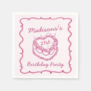Pink Retro Heart Coquette Cherry Cake Birthday Napkin