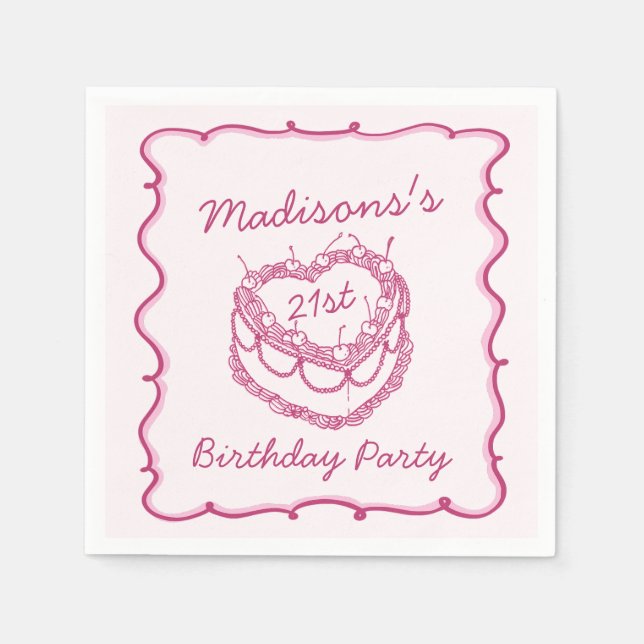 Pink Retro Heart Coquette Cherry Cake Birthday Napkin (Front)