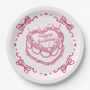 Pink Retro Heart Coquette Cherry Cake Birthday Paper Plate