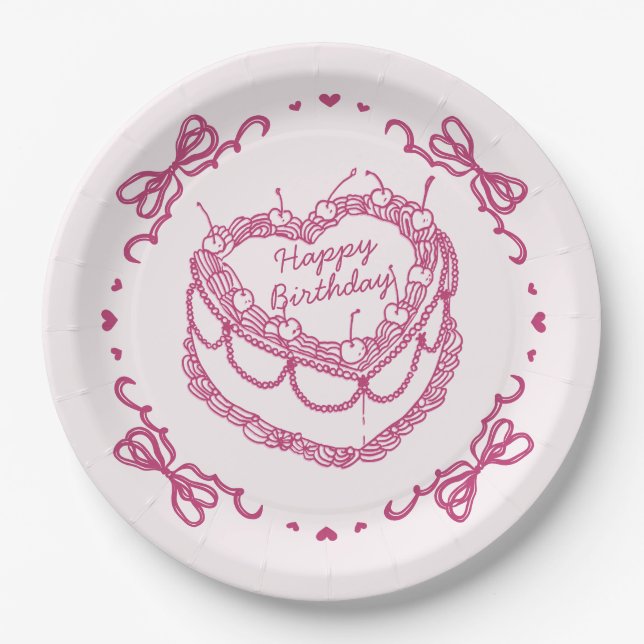 Pink Retro Heart Coquette Cherry Cake Birthday Paper Plate (Front)