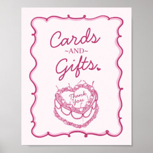 Pink Retro Heart Coquette Cherry Cake Birthday Poster