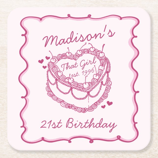 Pink Retro Heart Coquette Cherry Cake Birthday Square Paper Coaster (Front)