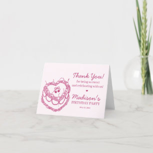 Pink Retro Heart Coquette Cherry Cake Birthday Thank You Card