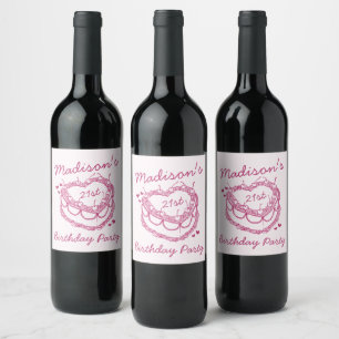 Pink Retro Heart Coquette Cherry Cake Birthday Wine Label