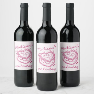 Pink Retro Heart Coquette Cherry Cake Birthday Wine Label