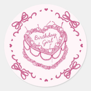Pink Retro Heart Coquette Cherry Cake BirthdayGirl Classic Round Sticker