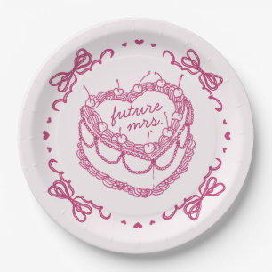 Pink Retro Heart Coquette Cherry Cake Bridal Showe Paper Plate