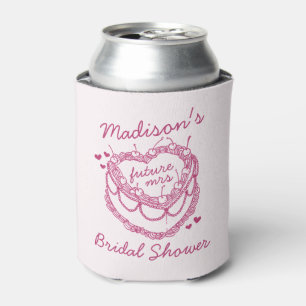 Pink Retro Heart Coquette Cherry Cake BridalShower Can Cooler