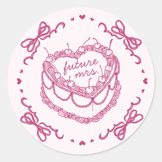 Pink Retro Heart Coquette Cherry Cake BridalShower Classic Round Sticker (Front)