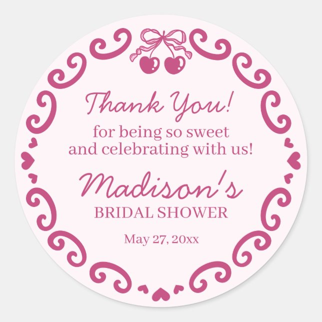 Pink Retro Heart Coquette Cherry Cake BridalShower Classic Round Sticker (Front)
