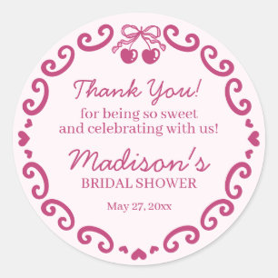 Pink Retro Heart Coquette Cherry Cake BridalShower Classic Round Sticker
