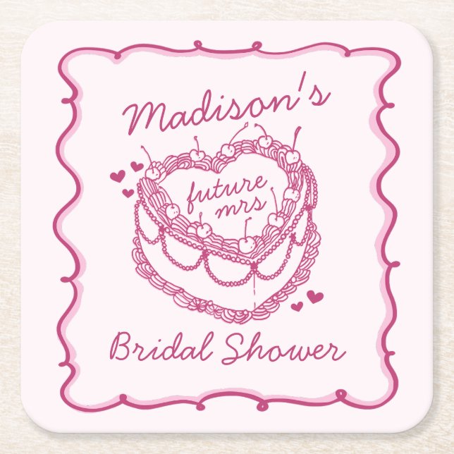 Pink Retro Heart Coquette Cherry Cake BridalShower Square Paper Coaster (Front)