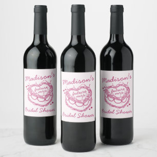 Pink Retro Heart Coquette Cherry Cake BridalShower Wine Label