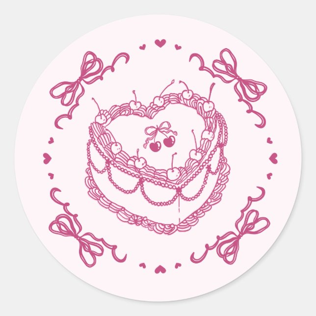 Pink Retro Heart Coquette Cherry Cake Envelope Classic Round Sticker (Front)