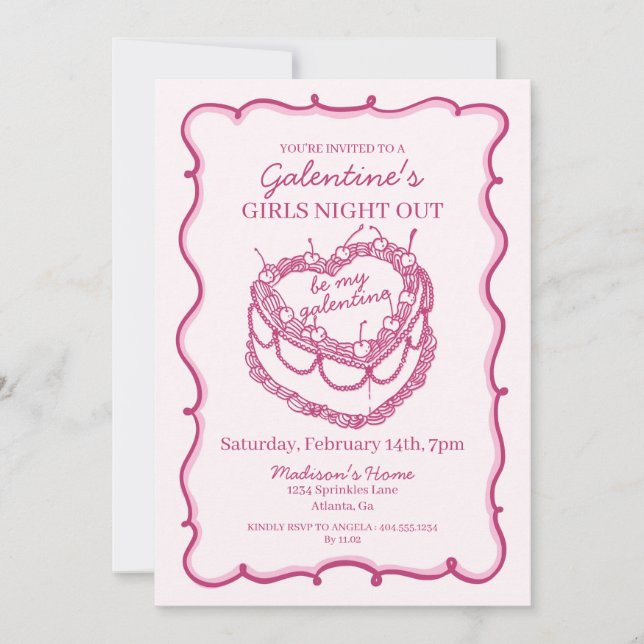 Pink Retro Heart Coquette Cherry Cake Galentine Invitation (Front)