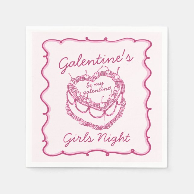 Pink Retro Heart Coquette Cherry Cake Galentines Napkin (Front)