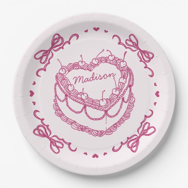 Pink Retro Heart Coquette Cherry Cake Personalised Paper Plate (Front)
