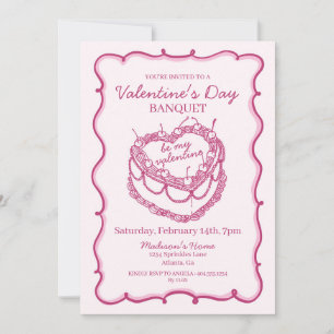 Pink Retro Heart Coquette Cherry Cake Valentine Invitation