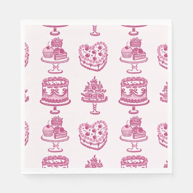 Pink Retro Heart Coquette Cherry Cake Valentines Napkin (Front)