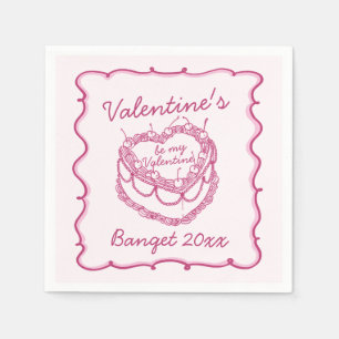 Pink Retro Heart Coquette Cherry Cake Valentines Napkin