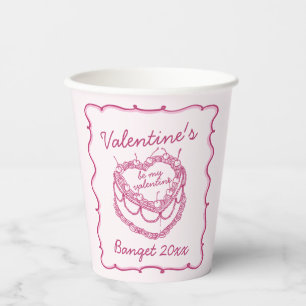 Pink Retro Heart Coquette Cherry Cake Valentines Paper Cups