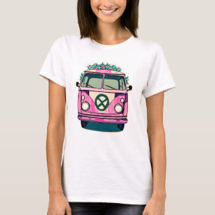 Pink Retro Hippie Van floral Vintage Colours Art T-Shirt