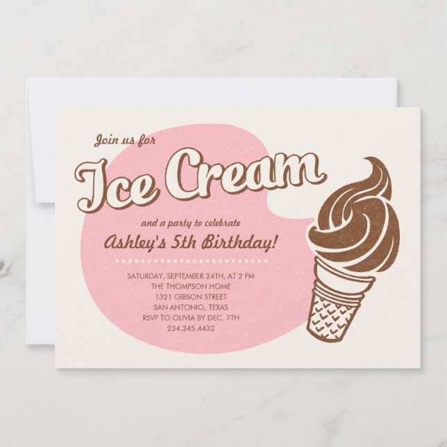 Pink Retro Ice Cream Birthday Party Invitations (Front)