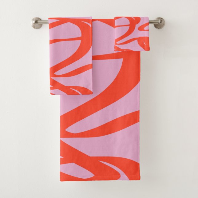 Pink Retro Lines Modern Abstract Brush Shapes Bath Towel Set (Insitu)