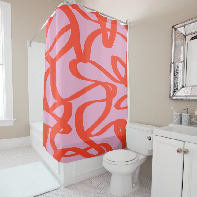 Pink Retro Lines Modern Abstract Brush Shapes Show Shower Curtain (In Situ)