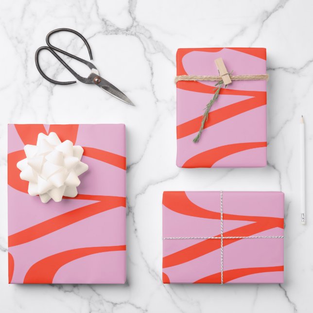 Pink Retro Lines Modern Abstract Brush Shapes Wrapping Paper Sheet (Front)
