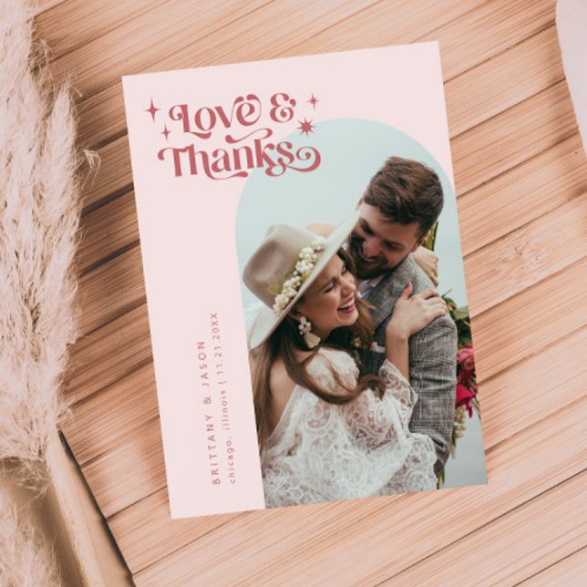 Pink Retro Love and Thanks White Arch Wedding   Thank You Card (Creator Uploaded)