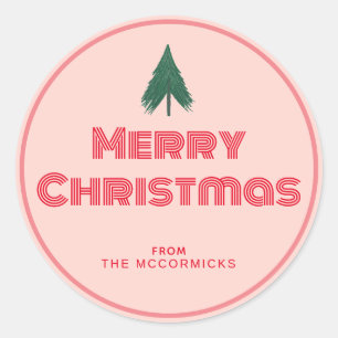 Pink Retro Merry Christmas Personalised Classic Round Sticker