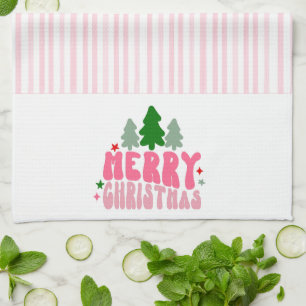Pink Retro Merry Christmas Tea Towel