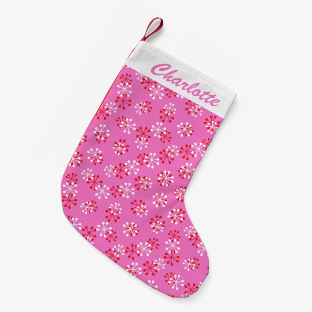 Pink Retro Mid Mod Atomic Pattern Personalised Small Christmas Stocking (Front (Hanging))