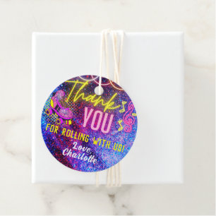 Pink Retro Neon Glow Roller Skating Thank You Favour Tags