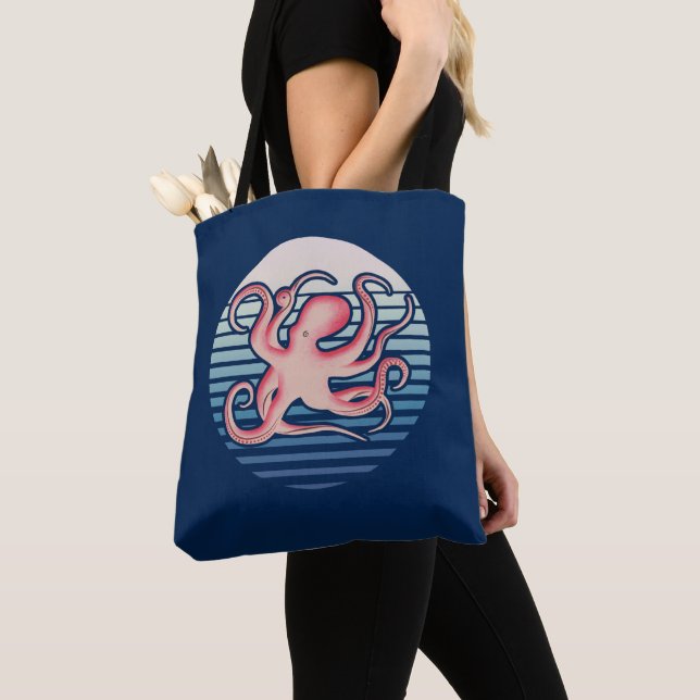 Pink Retro Octopus Tote Bag (Close Up)