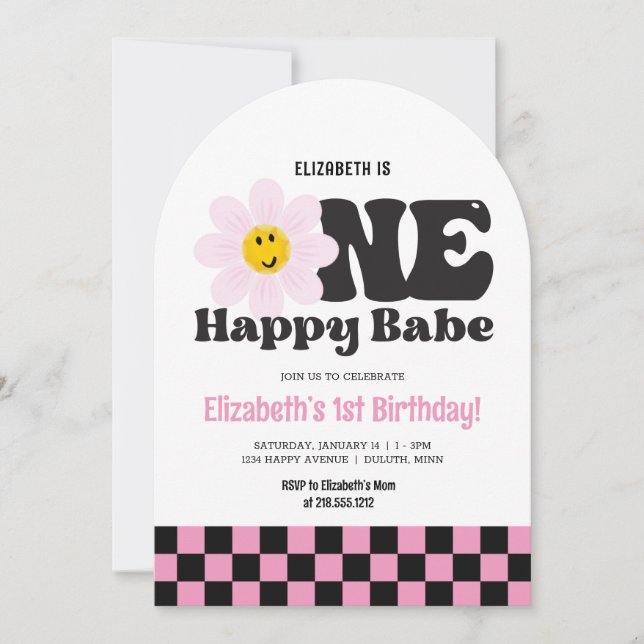 Pink Retro One Happy Babe 1st Birthday Invitation (Front)