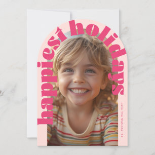 Pink Retro One Photo Modern Arch Christmas Card