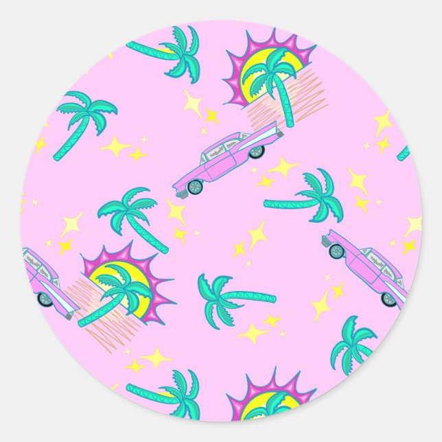 pink retro palm trees and car classic round sticker (Front)