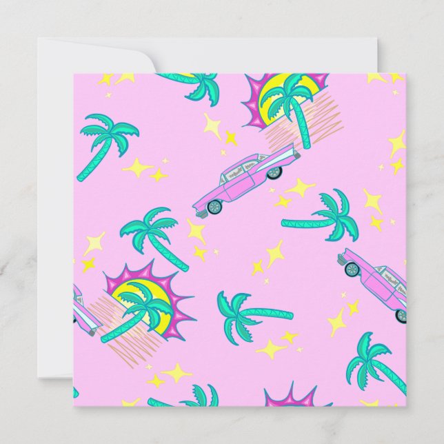 pink retro palm trees and car invitation (Front)