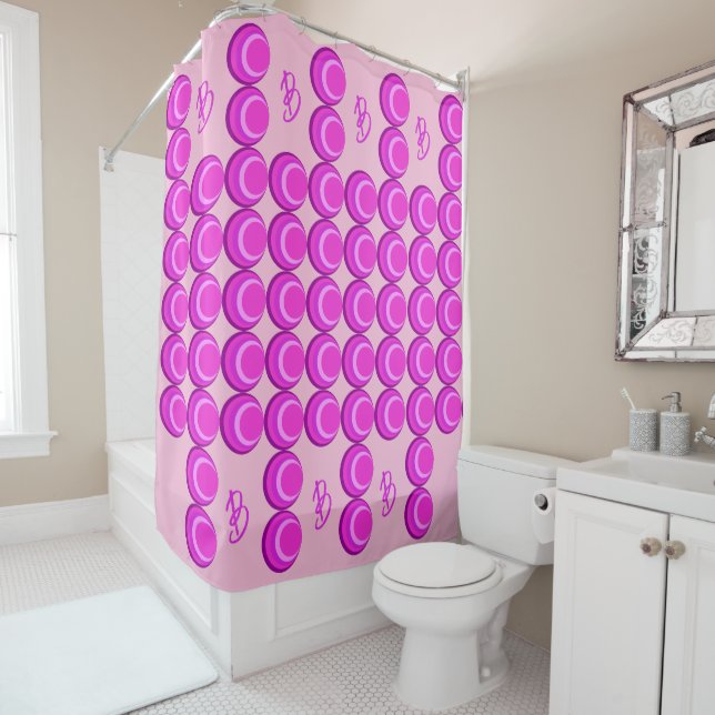 Pink retro pattern in trendy style with monogram shower curtain (In Situ)