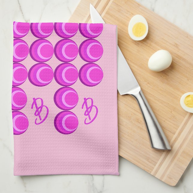 Pink retro pattern in trendy style with monogram tea towel (Quarter Fold)