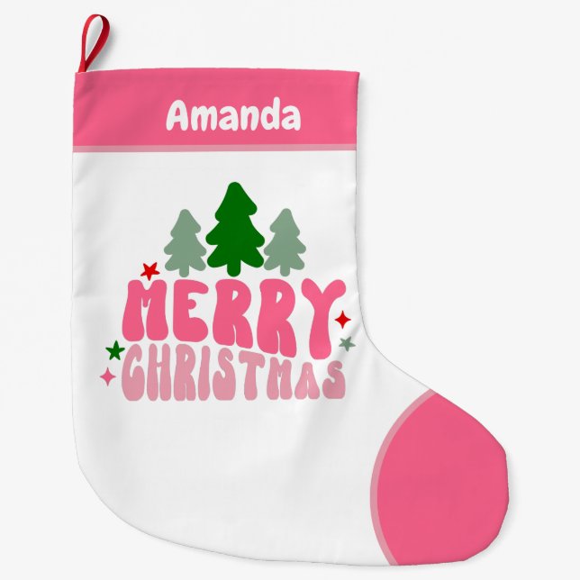 Pink Retro Personalised Christmas Large Christmas Stocking (Front)