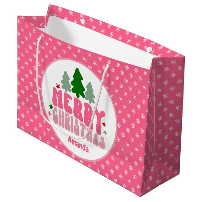 Pink Retro Personalised Christmas Large Gift Bag (Front Angled)