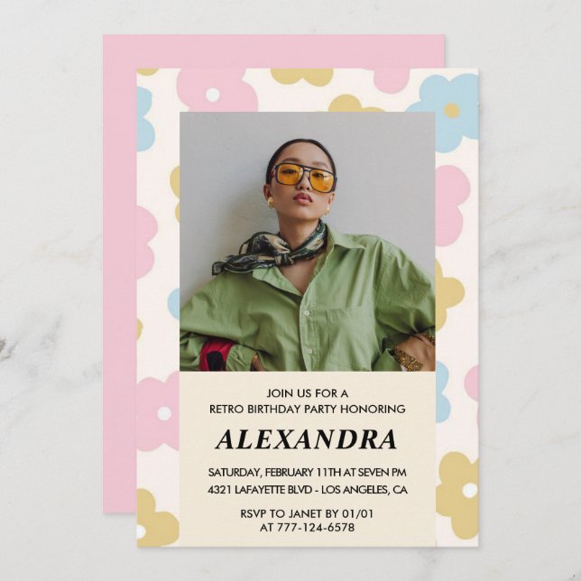 Pink Retro Photo Floral 36th birthday invitation  (Front/Back)