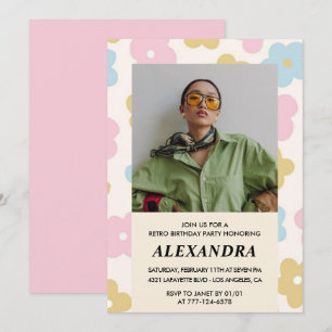 Pink Retro Photo Floral 37th birthday invitation 