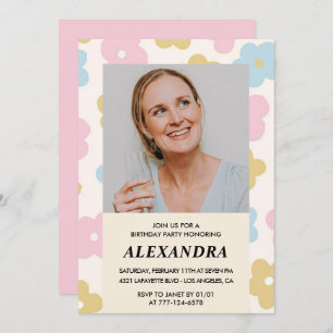 Pink Retro Photo Floral 47th birthday invitation 