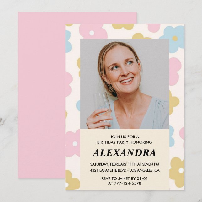 Pink Retro Photo Floral 51st birthday invitation  (Front/Back)