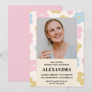 Pink Retro Photo Floral 58th birthday invitation 