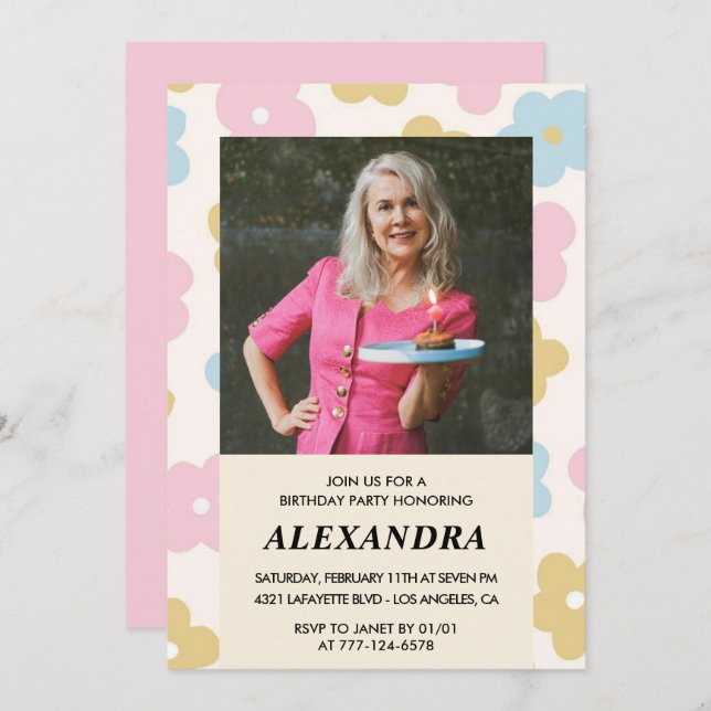 Pink Retro Photo Floral 88th birthday invitation  (Front/Back)